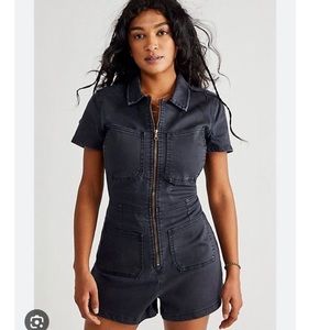 Free People CRVY Lennox Shortsuit Utility Romper Dark Grey